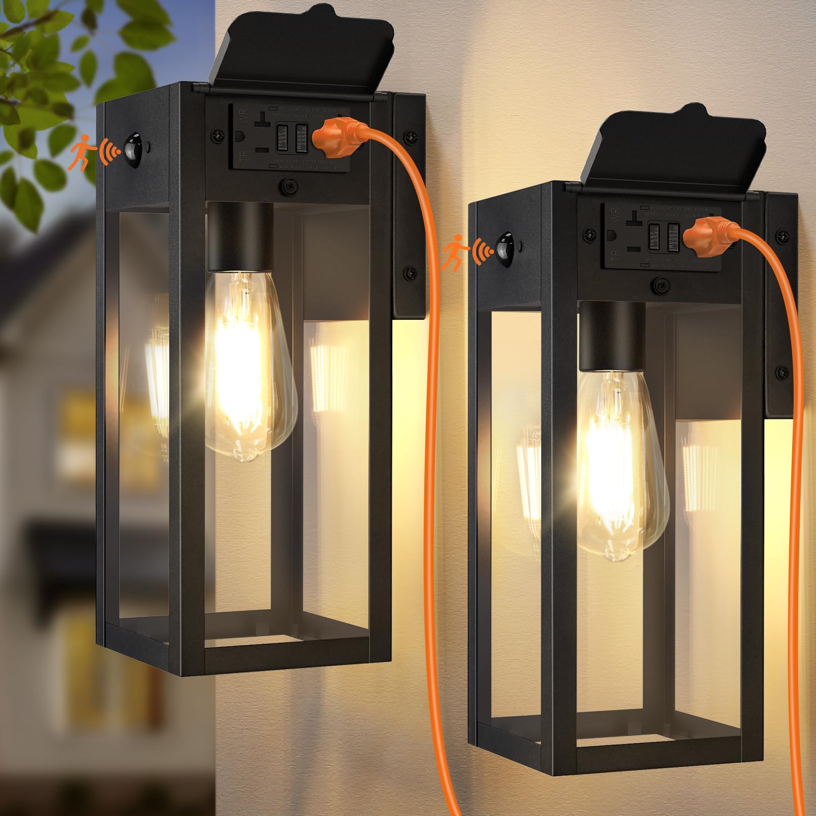 Photo 1 of OYKYOHEI 2 Pack Porch Lights with GFCI Outlet, Dusk to Dawn Motion Sensor Outdoor Lights, 2 Lighting Modes Waterproof Anti-Rust Wall Sconce Lantern, Outside Light for House, Black