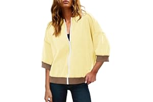 MYMORE Women's Oversized 3/4 Sleeve Acid Wash Sweatshirt Patchwork Color Block Zip Up Sweatshirts Jacket with Pockets