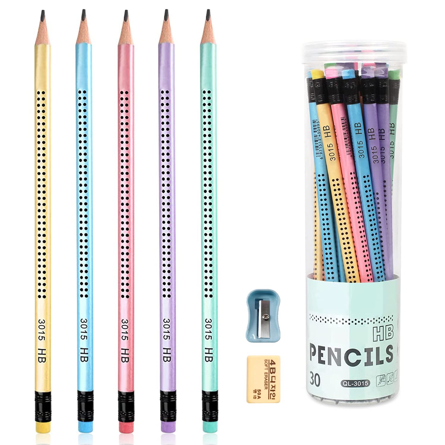 Surcotto HB pencils, 30 HB pencils with eraser and sharpener, pre-sharpened triangular pencil for student's writing and drawing at school and home