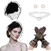 50s Fascinators Hats for Women 4PCS Derby Hat Vintage Tea Party Hats Headband Headwear with Lace Gloves Pearl Jewelry Set