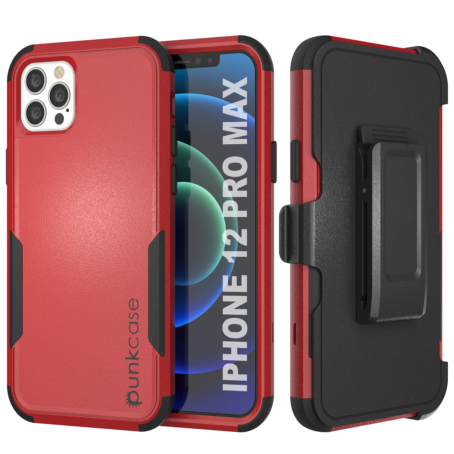 Punkcase for iPhone 12 Pro Max Belt Clip Holster Case [Patron Series] 4-1 Rugged & Protective Multilayer Phone Cover W/Integrated Kickstand for iPhone 12 Pro Max (6.7") (2020) [Red-Black]