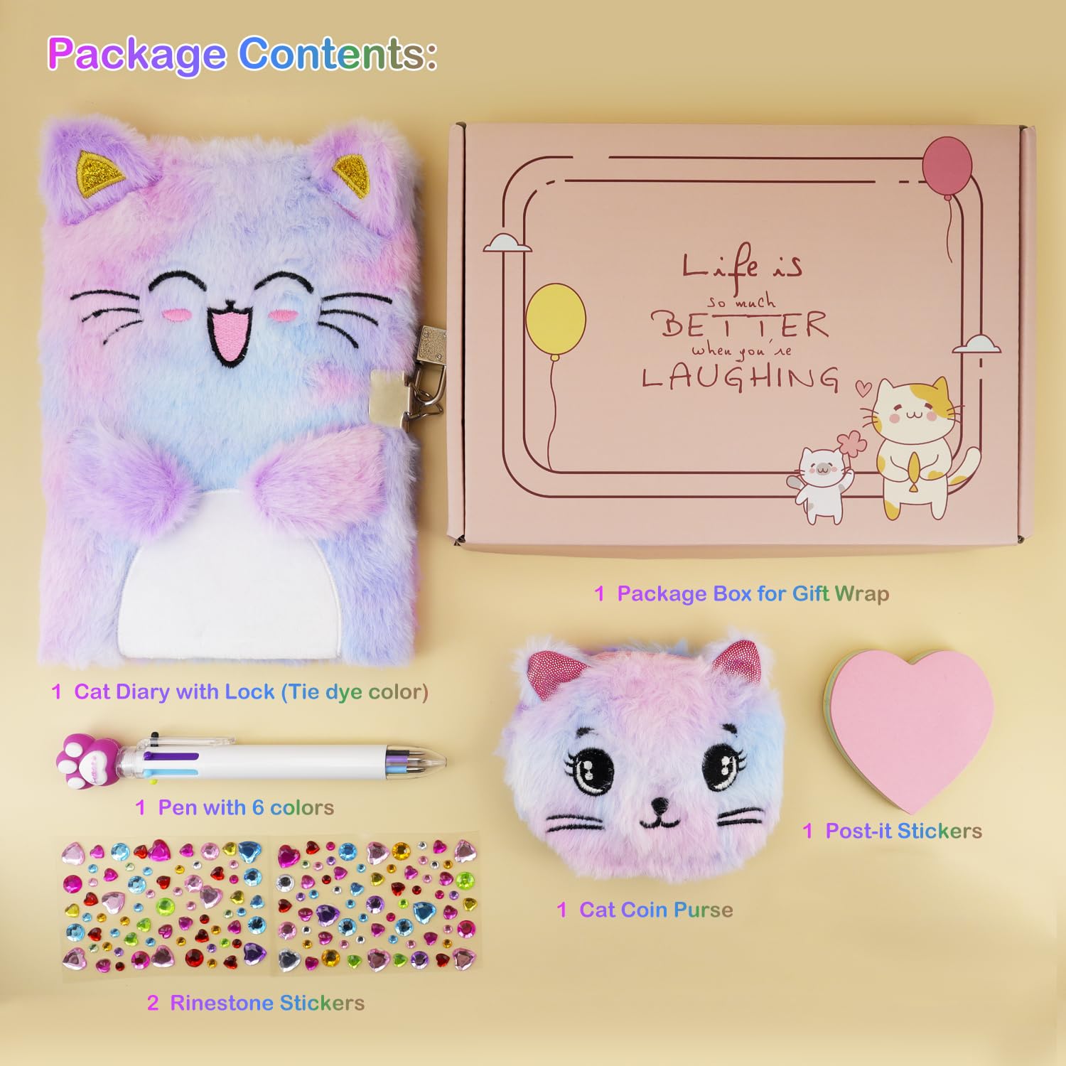PJDRLLC Cat Diary with Lock, Gift for 6 7 8 Year Old Girl, Secret Diary Journal Notebook with Coin Purse, Multicolored Pen, Post-it Note, Stickers, Practical Gift for Birthday (A Happy Cat)
