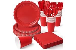 Vyntra 350 PCS Christmas Red Party Plates and Napkins Set with Cups, Forks, Spoons, Knives | Large Disposable Tableware for C