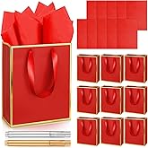 Yeaqee 10 Pack Metallic Paper Gift Bags with Handles Tissue Paper Thank You 5 Senses Gift Bag for Birthday Wedding Baby Shower Groomsmen Bridal Anniversary Favor 9 x 7 x 3.15''(Dark Red, Gold)