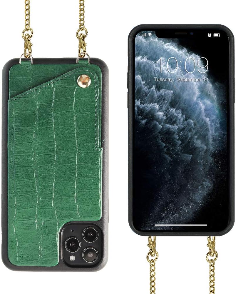 JLFCH iPhone 11 Pro Max Crossbody Case, iPhone 11 Pro Max Wallet Case with Card Slot Credit Card Holder Crossbody Strap Shoulder Chain Cover for Apple iPhone 11 Pro Max 6.5 - Crocodile Midnight Green