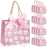 Kolldenn 40 Pcs Small Pink Bags 5.5 x 2.4 x 4.7 Inches Pink Ghost Party Favor Bags with Handles Bow Ribbon for Halloween Baby Shower Holiday Party Gift (Boo Style)