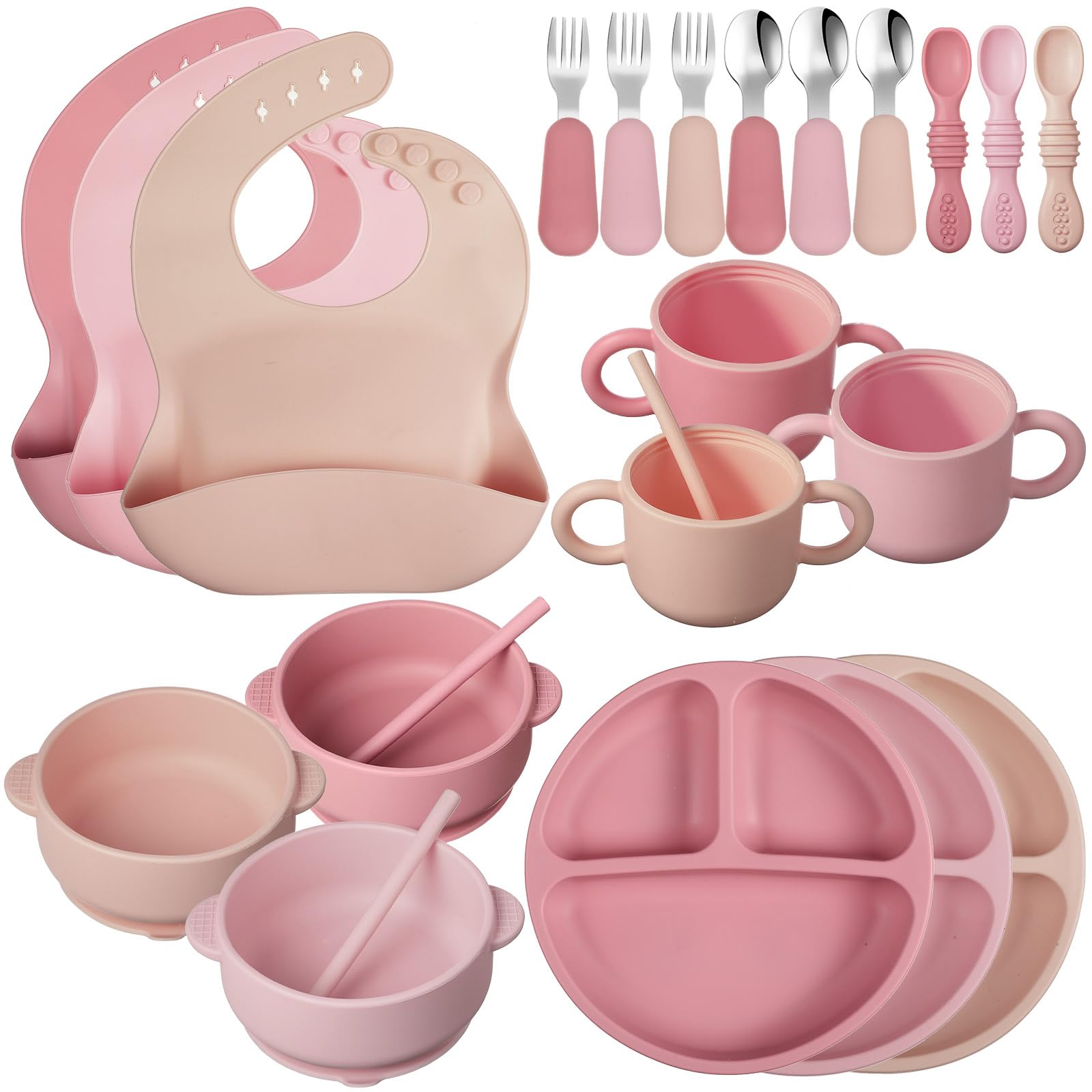 Photo 1 of 24 Pack Silicone Baby Feeding Set Baby Led Weaning Supplies Includes Suction Divided Plates Soft Bowl Spoons Forks Adjustable Bib Snack Cup and Straws for Baby (Dark Pink, Dusty Pink, Peach Color)