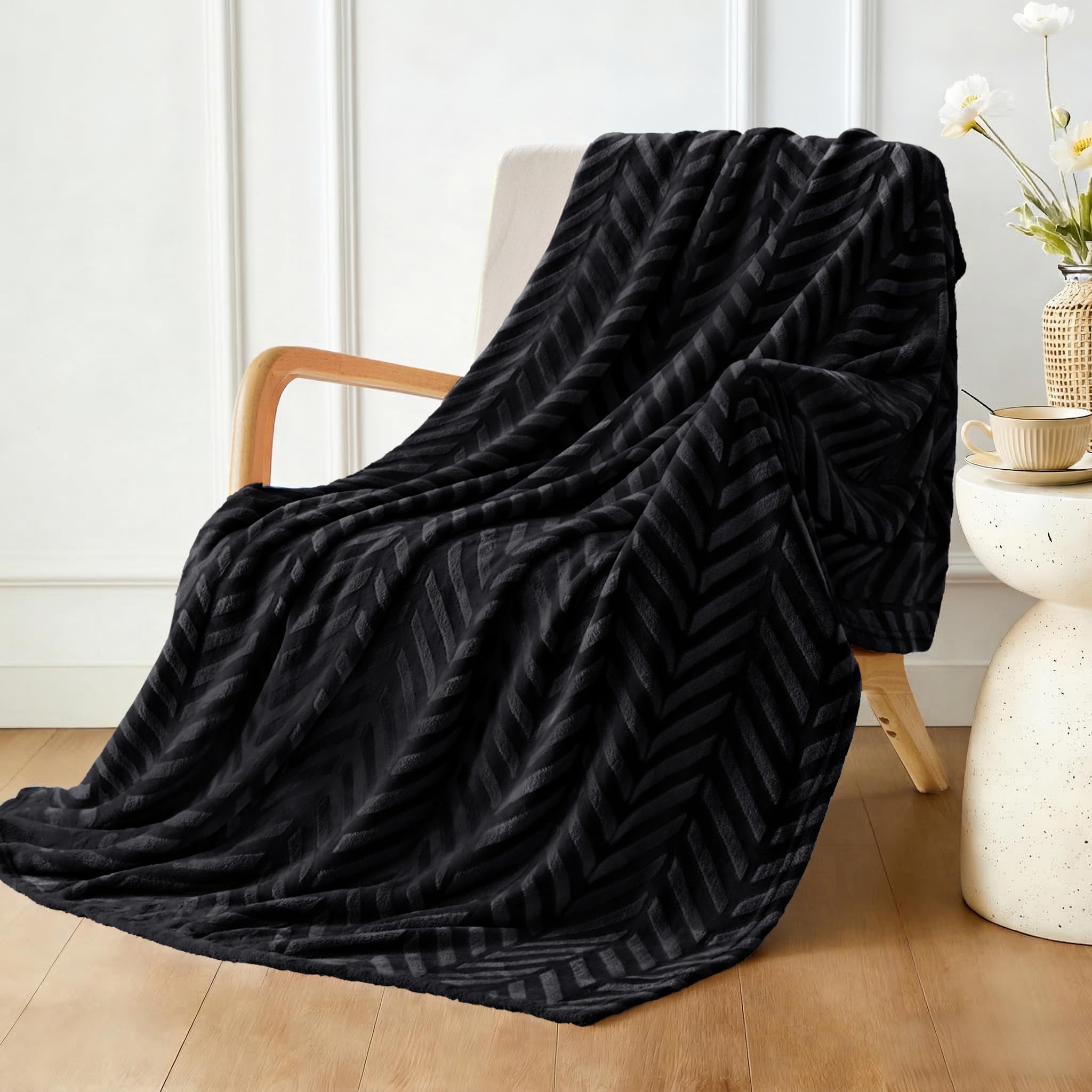Whale Flotilla Flannel Fleece Throw Blanket for Sofa, 130x150 CM Soft Fluffy Velvet Sofa Blanket with Decorative Chevron Pattern for All Season, Warm and Lightweight, Black — image 1