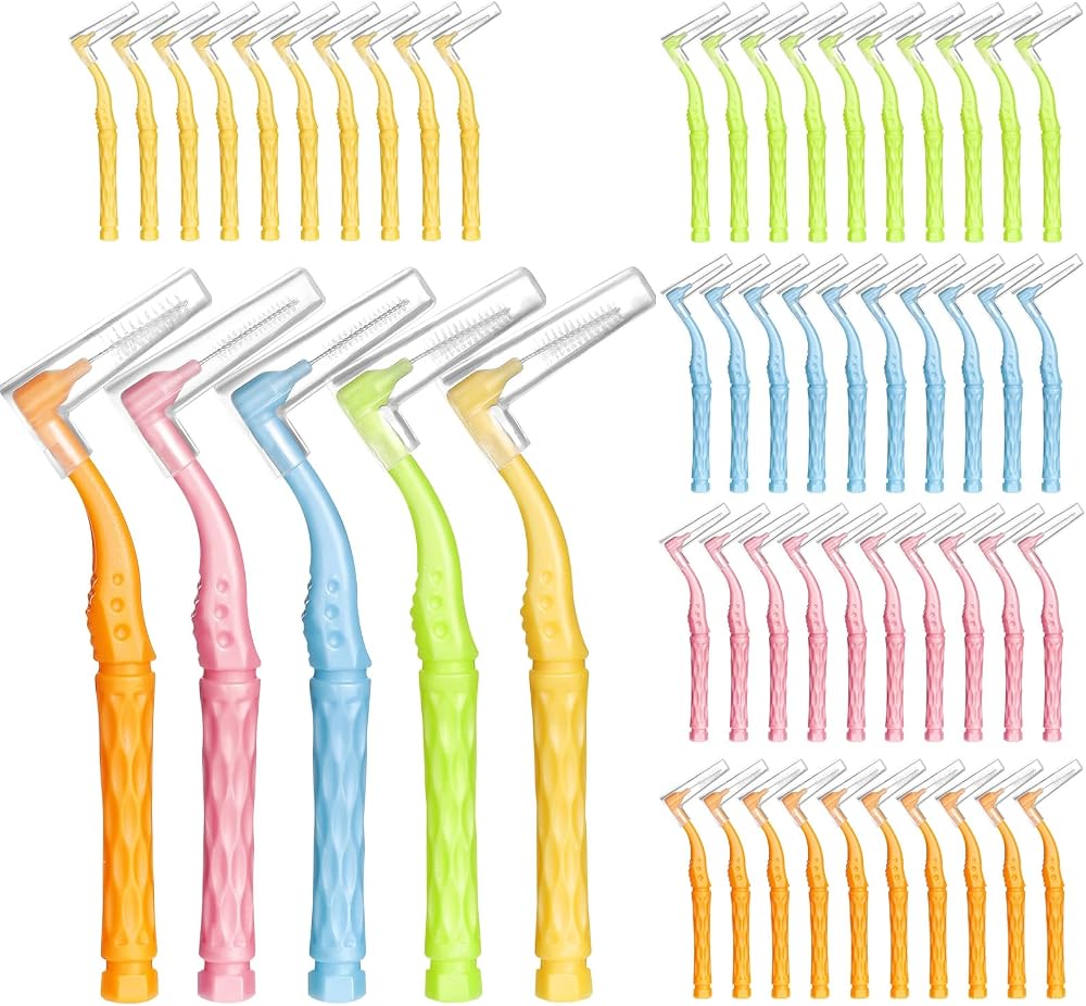 RAYITO 50pcs Interdental Brushes 5 Sizes Soft Non-Slip Handle Angled Head