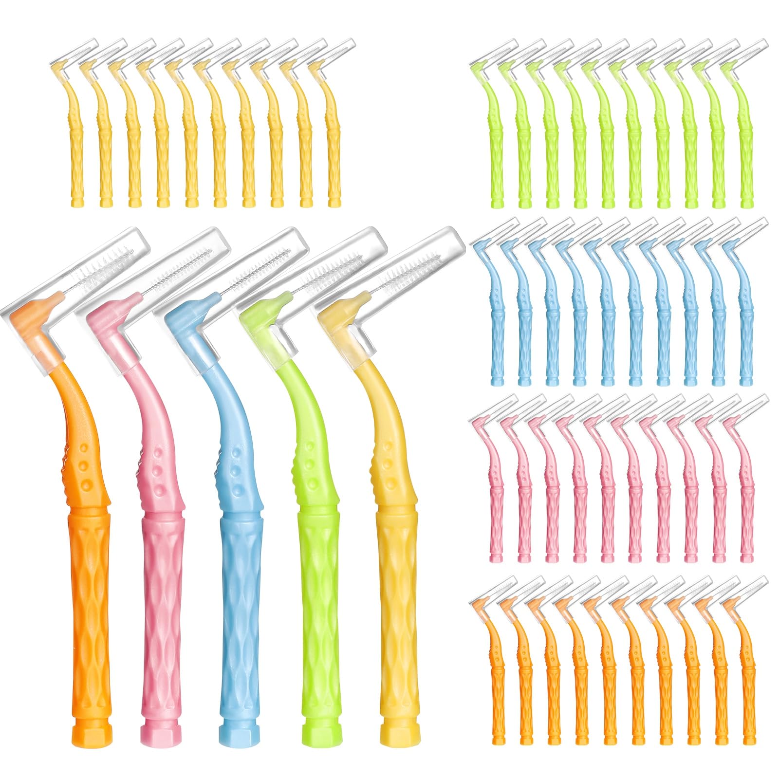 RAYITO 50pcs Interdental Brushes, 5 Sizes Soft Dental Brushes with Non-Slip Handle Angled Head Tooth Picks Floss Sticks Dental Floss Brushes for Braces Oral Cleaning Narrow Gaps Between Teeth