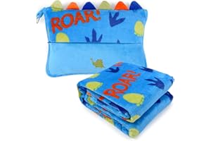 VigorSpring 3 in 1 Travel Pillow and Blanket Set for Kids,Soft Travel Blanket Airplane Campact with Bag,Pillow Blanket for Boys with a Pocket,Backpack Clip, Luggage Sleeve (Dinosaur)