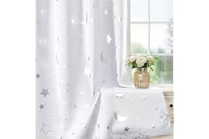 WUBODTI Grey White Blackout Star Curtains 84 Inch Length for Kids Room Living Room, Cute Silver Star and Moon Patterned Nursery Curtains Thermal Insulated Room Darkening Space Drapes,2 Panel Sets
