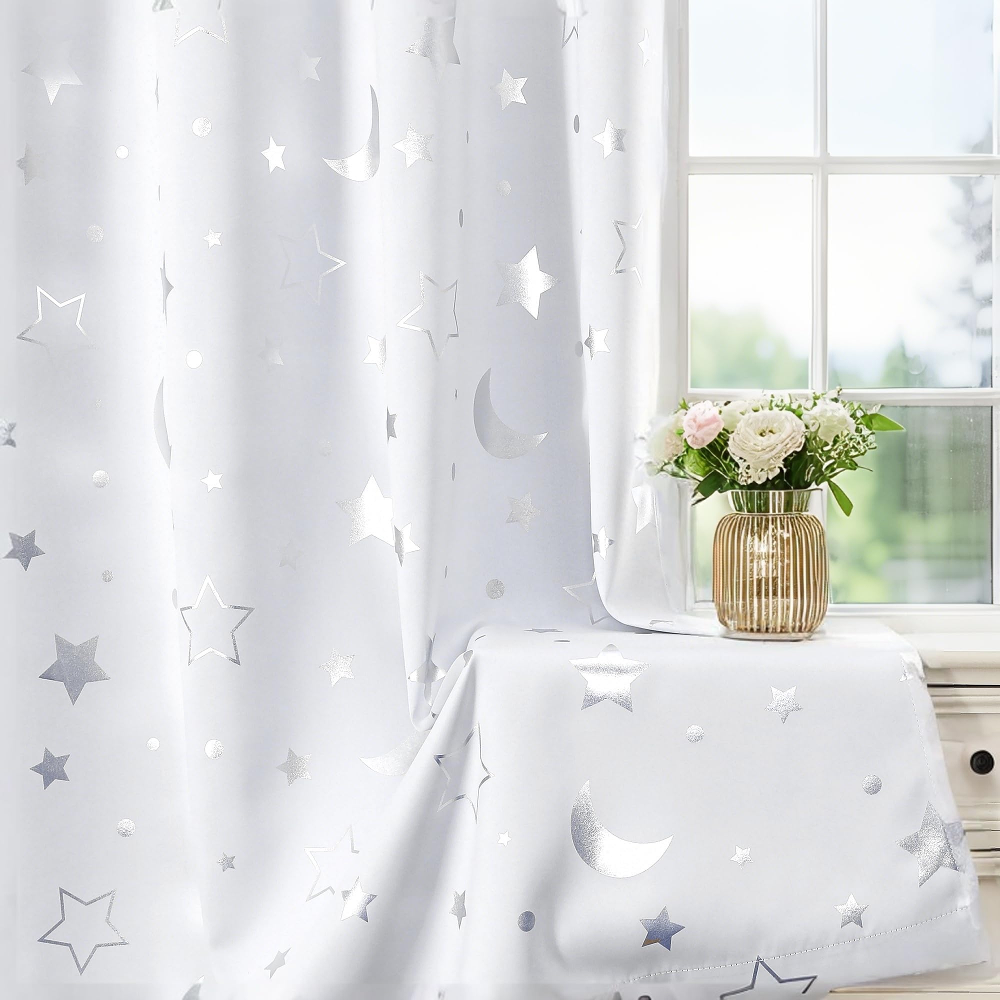 Photo 1 of WUBODTI Grey White 100% Blackout Star Curtains for Living Room Kids Room 84 Inches Long 2 Panel Sets, Grommet Cute Space Nusery DrapesThermal Insulated Curtain for Bedroom Baby Room