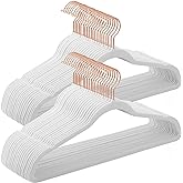 SONGMICS Slim Velvet Hangers, Non-Slip Clothes Hangers with Rose Gold Swivel Hooks, Space-Saving, for Closet, 50 Pack, White UCRF026W03