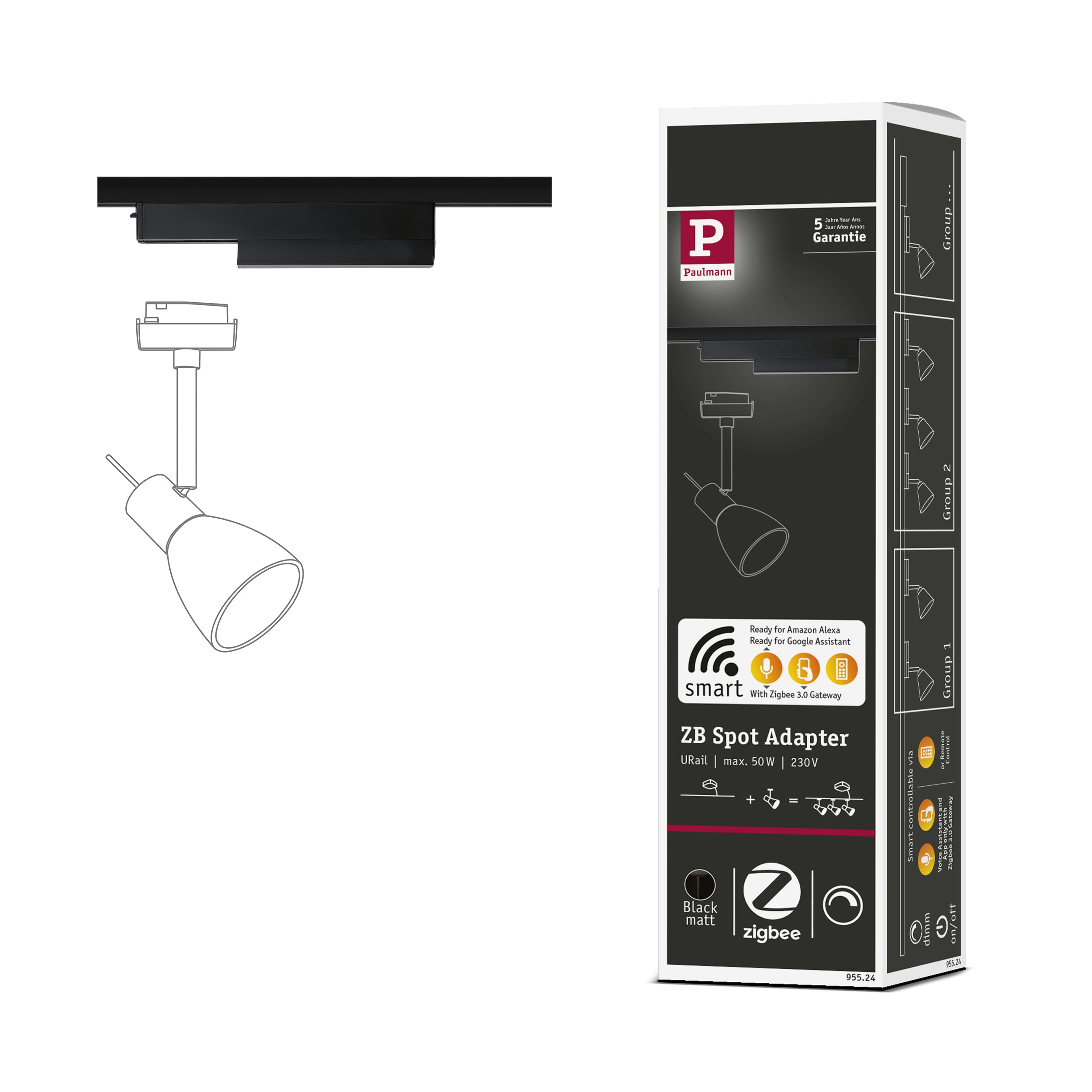 Paulmann 95524 Smart Home Zigbee 3.0 On/Off/Dimm URail Rail Adapter 166x20mm Black matt Rail System