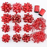 DYSHIPEN 16 Pcs Gift Bows,Bows for Gift Wrapping and Presents,2 Crimped Curling Ribbons,2 Curly Bows,Christmas Bows,for Parties, Birthdays, Weddings. (Red, 4.5in+3.5in)