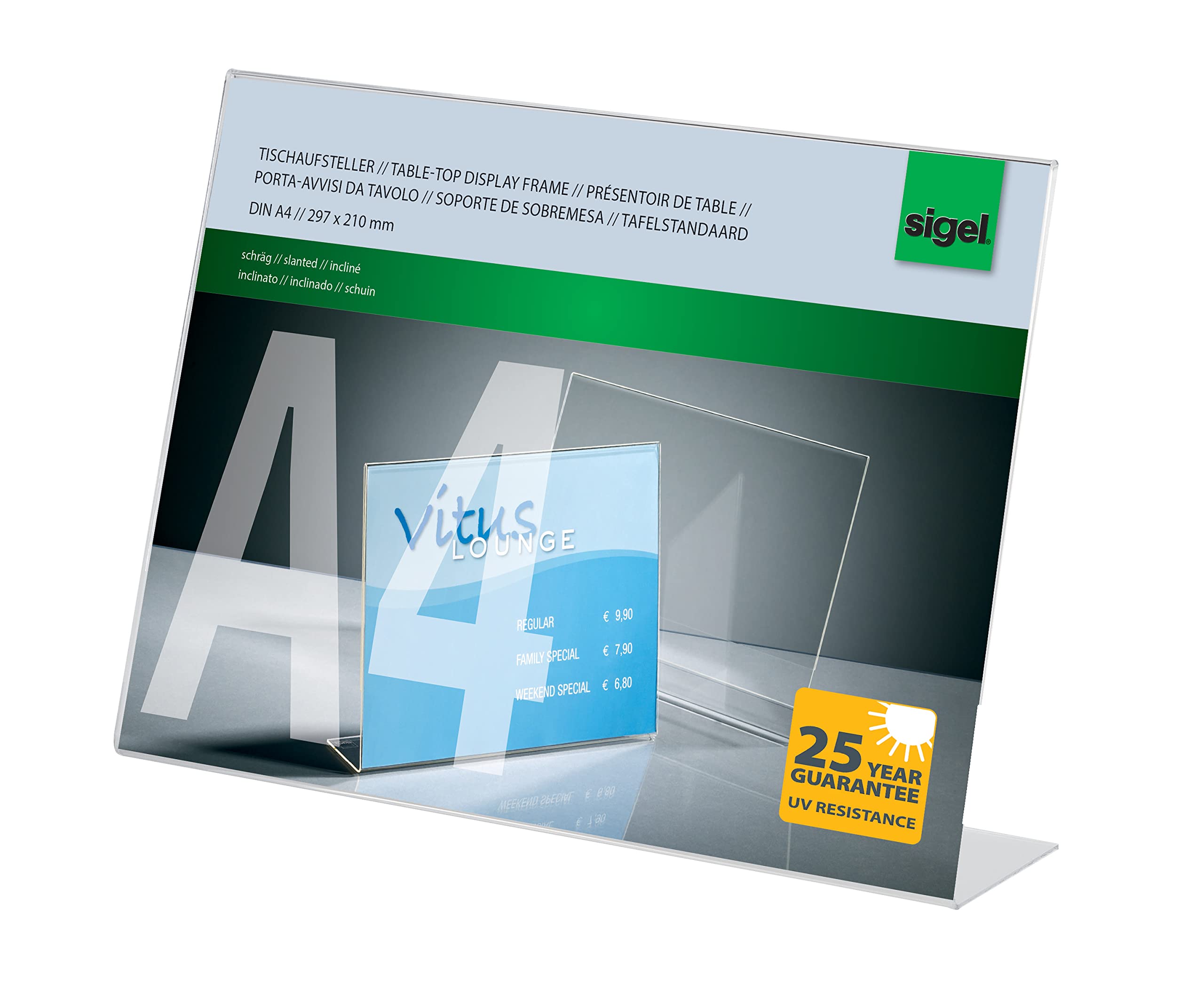 SIGEL TA211 Sign Holder, slanted, for A4 landscape, single-sided presentation, uv resistant acrylic, transparent, 1 Piece