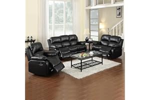 SIENWIEY Reclining Sofa Living Room Furniture Sets, Bonded Leather Sofa Couch Loveseat Chair for House Office Apartment Office Living Room Set(Black,Sofa Set 3PCS)
