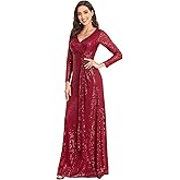 XUIBOL Glitter Sequin Formal Evening Gown Long Sleeve V Neck Wedding Guest Dress for Women