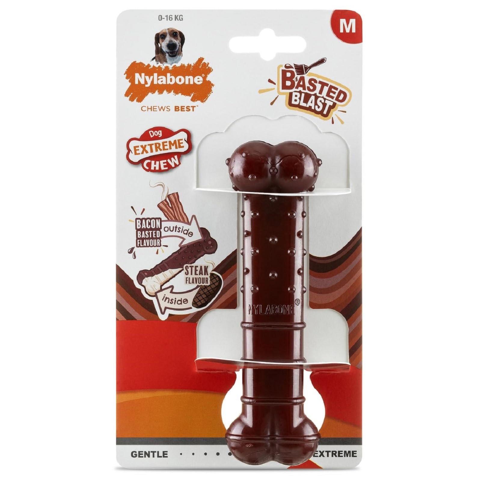 Nylabone Basted Blast Extreme Chewers Tough Nylon Dog Chew Toy Bone, Durable, Boredom Breaker, Cleans Teeth, Bacon and Steak Flavour, Medium, For Dogs 0-16kg