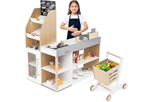 HONEY JOY Kids Grocery Store Playset, Wooden Grocery Store Pretend Play w/Cart, Cash Register Stand w/Coins, Chalkboard, Toddler Supermarket Play Toy for Boys Girls(Play Food Not Included)