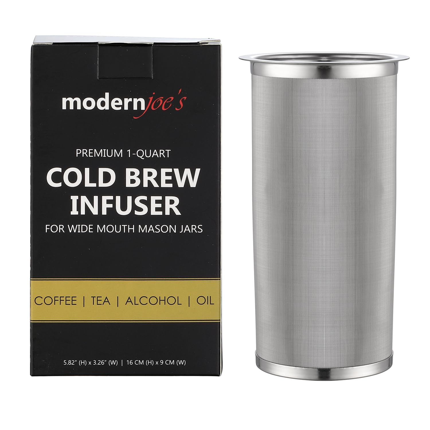 Premium Infuser Cold Coffee Maker for 1 or 2 QT Wide Mouth Mason Jars by Modern Joe's. Perfect for Ice Coffee and Tea. Heavy Duty 50 Micron Fine Mesh 304 Stainless Steel with Free Silicone Seal (64 oz (2 Quart))