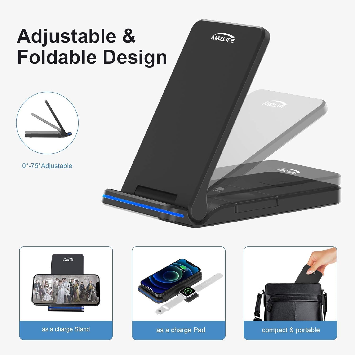Wireless Charger Foldable Wireless Charging Station 15W 3 in 1 Qi Certified Fast Charger Stand for Apple Watch iPhone AirPods Samsung Galaxy Cell Phone with QC 3.0 Adapter: Electronics