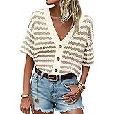 Saodimallsu Womens Short Sleeve Striped Cardigan Sweaters Crochet Knit Button Down Shirts V Neck Spring Summer Tops