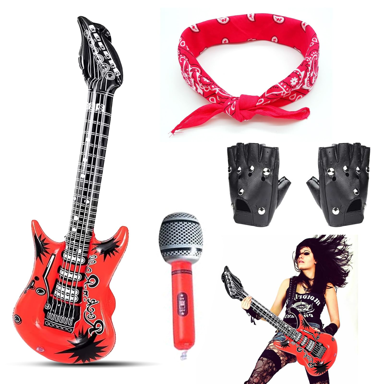 Leogony 5PCS Rock Star Fancy Dress Kit, Rockstar Costume for Punk Heavy Metal Disco Party