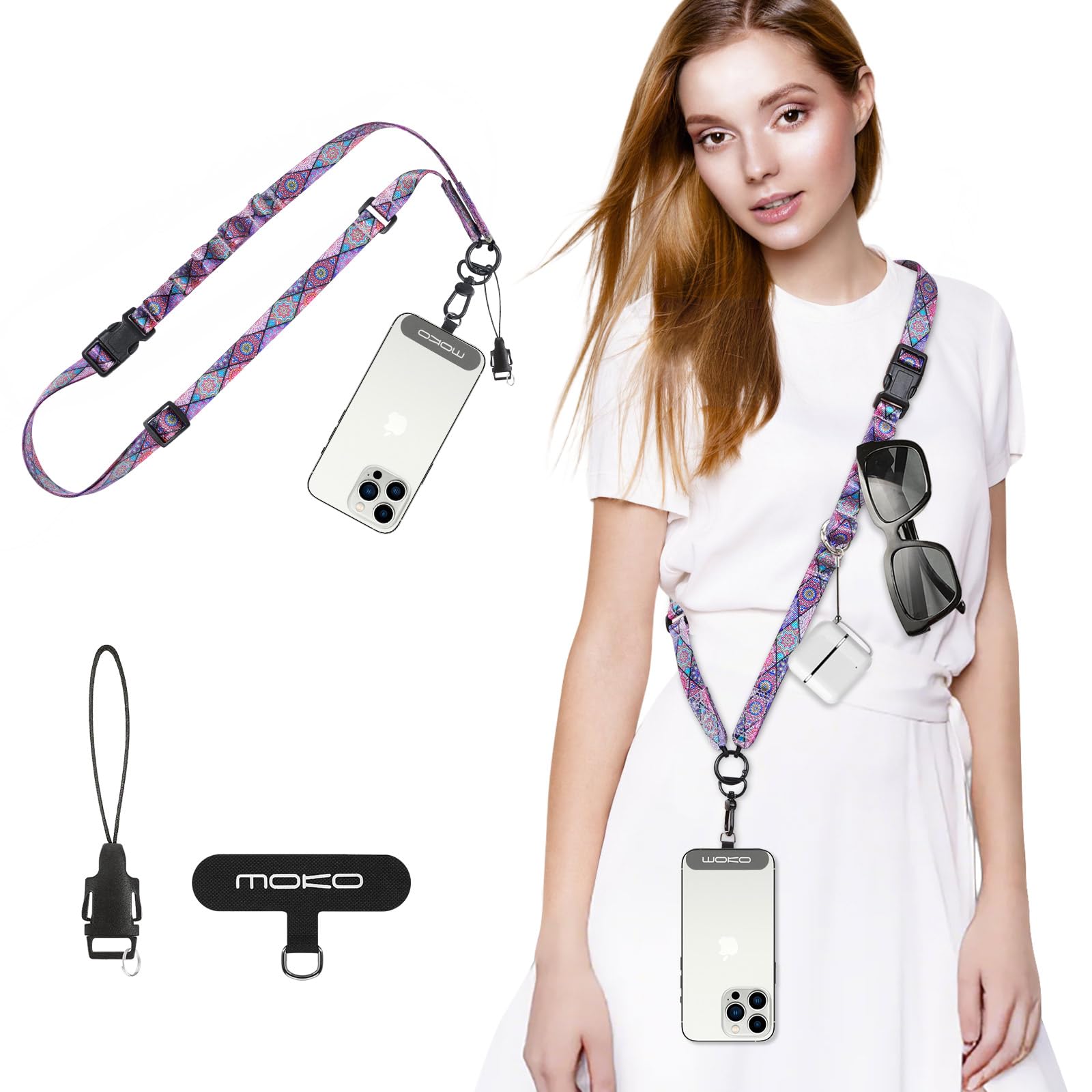 MoKo Boho Universal Phone Lanyard, Nylon Adjustable Cell Phone Crossbody Strap Detachable Women & Men Cellphone Lanyards Around the Neck with Patches for iPhone, Most Smartphones, Boho Colorful