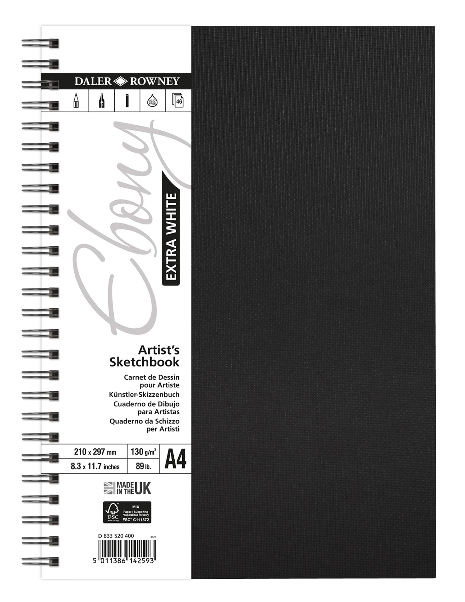 Daler-Rowney Extra White Ebony 130gsm A4 Portrait Sketchbook, Spiralbound, 46 White Sheets, For Professional Artists & Students