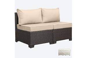 WAROOM Outdoor PE Wicker Patio Furniture Set 2 Piece Armless Chair Brown Rattan Sofa with Khaki Cushions