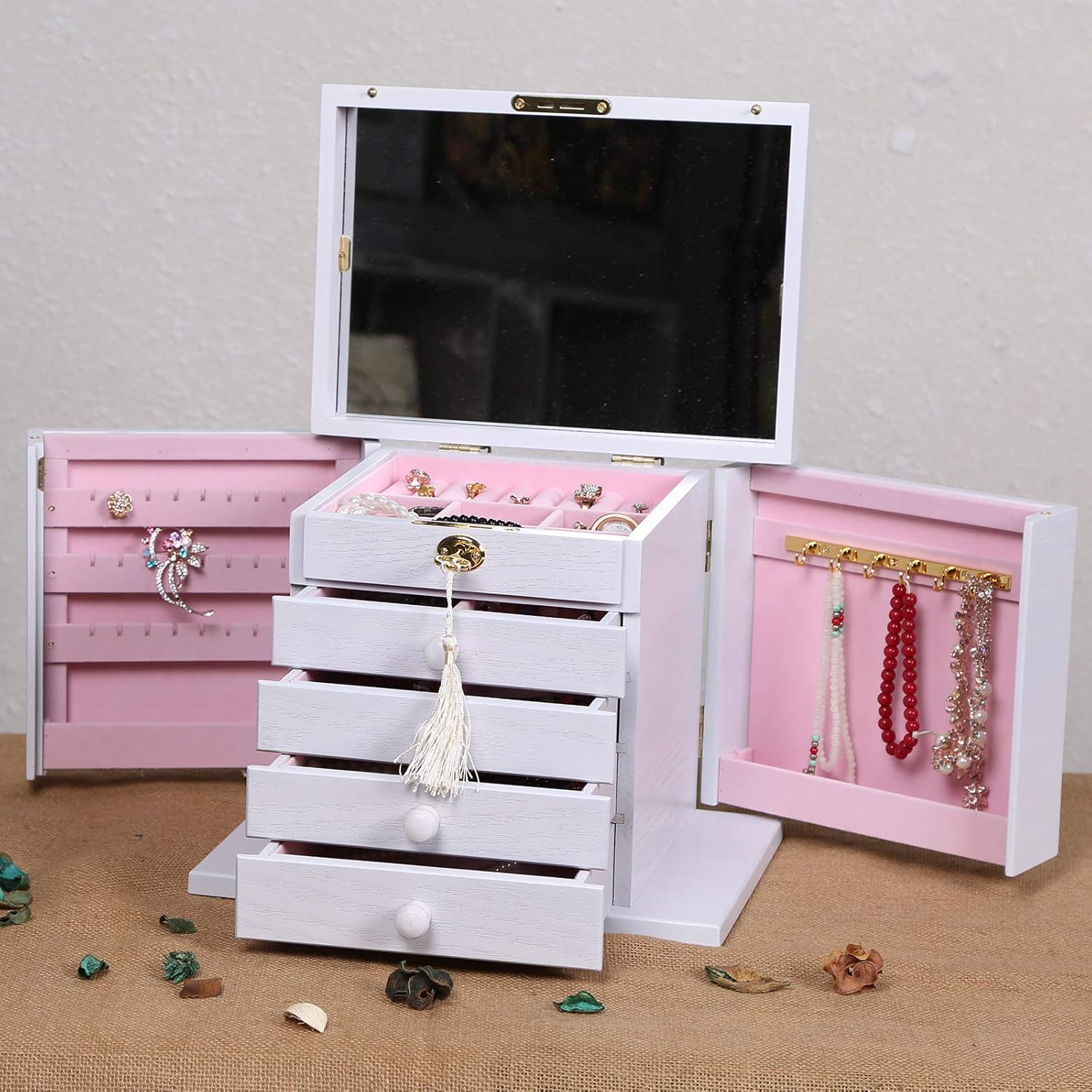 Changsuo Jewelry Box Organizer with Lock for Women Lockable Large Dresser Top Wooden Jewelry Storage Box (White): Home Improvement