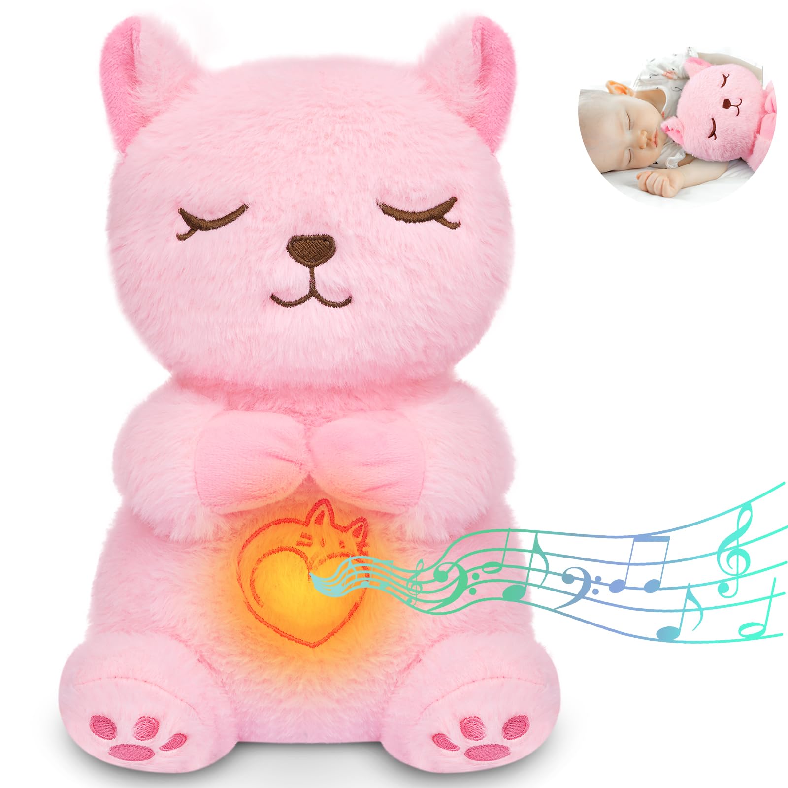 Photo 1 of Breathing Stuffed Animal, Pink Cat Plush Baby Toy, Soothing Sound Machine with Music Lights & Breathing Motion for Kids Boys Girls