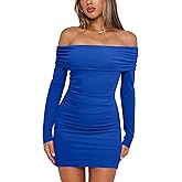 OWIN Women's Fall Off The Shoulder Ruched Bodycon Mini Dress Long Sleeve Ribbed Knit Fitted Club Party Dresses