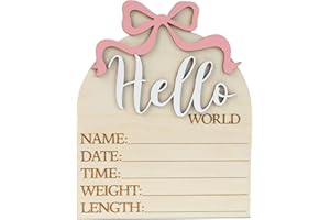 CUNCUN Hello World Wooden Birth Announcement Sign, 6.2 inch Round Nursery Photo Prop, Baby Name Weight Length Date Time Plaque (BB64)