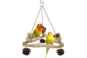 Jevnd Bird Swing for Cage with Chew Toys, 3 Sisal-Wrapped Parrot Perches & Stable Triangle Design, Wooden Hanging Parakeet Toys Swing for Cockatiel Lovebirds Conures Quaker Balance Training (S)