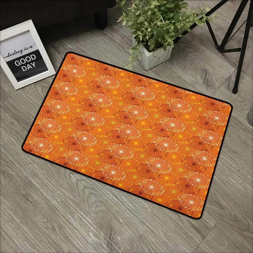 Bathroom door mat W24 x L35 INCH Orange,Grunge Radial Pattern Abstract Floral Inspired Doodle Hand Drawn Blossoms, Yellow Brown White Natural dye printing to protect your baby's skin Non-slip Door Mat