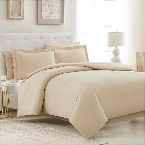 Mellanni Duvet Cover Queen Set 5pcs - Soft Bedding with 2 Shams and 2 Pillowcases - Button Closure and Corner Ties - Wrinkle, Fade, Stain Resistant (Full/Queen, Beige)