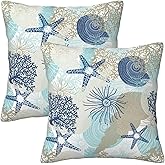 Beach Ocean Starfish Seashell Nautical Coastal Throw Pillow Covers 16x16 In Farmhouse Pillow Case Soft Outdoor Cushion Covers Set Of 2 For Sofa Bed Bedroom Car Chair Living Room Home Decorative