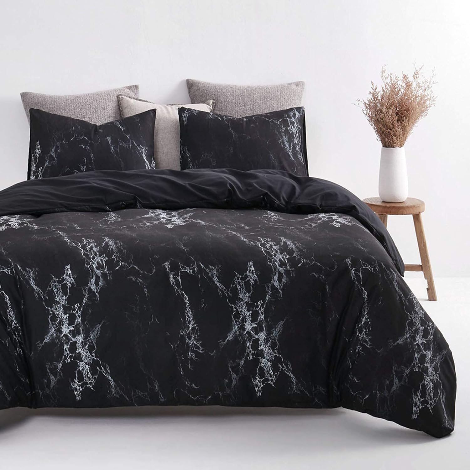 Wake In Cloud - Black Marble Comforter Set, Black with Gray Grey White Streaks Modern Pattern Printed, Soft Microfiber Bedding (3pcs, California King Size): Home & Kitchen