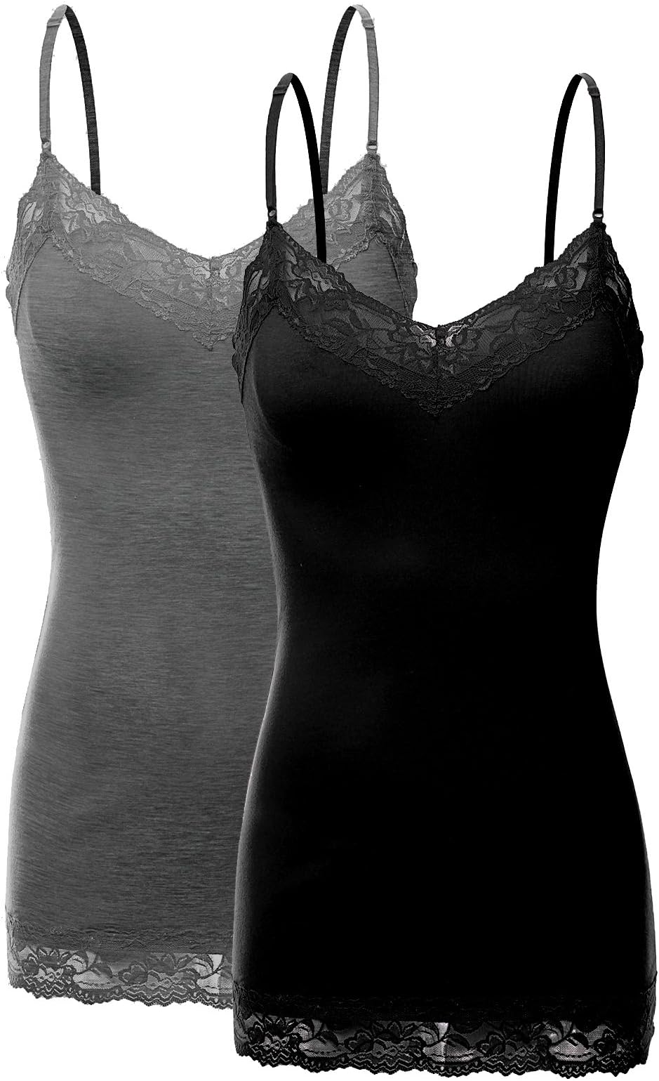 RT1004 Pack Ladies Adjustable Spaghetti Strap Lace Tunic Camisole 2Pack-BLK/HE.CHC M