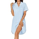 Rooscier Women's Cotton Striped Nightshirt Collar V Neck Short Sleeve Nightgown Button Down Nightdress
