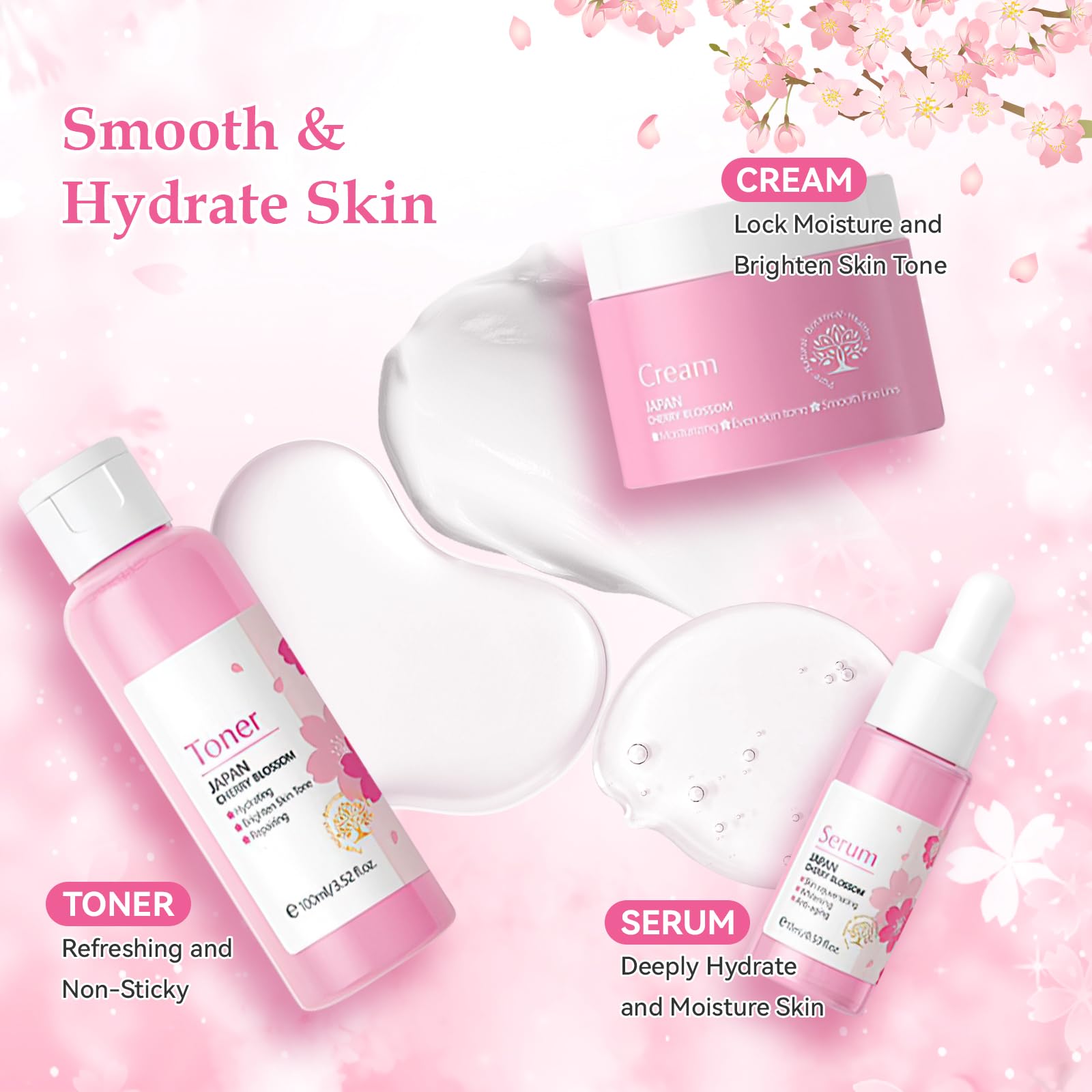 Sakura Skincare Set, Sakura Skin Care for Teens 10-12, Gentle Moisturizing Face Care Kit with Cleanser, Toner, Serum, Eye Cream & Cream, Travel Size Facial Kit for Women Girls