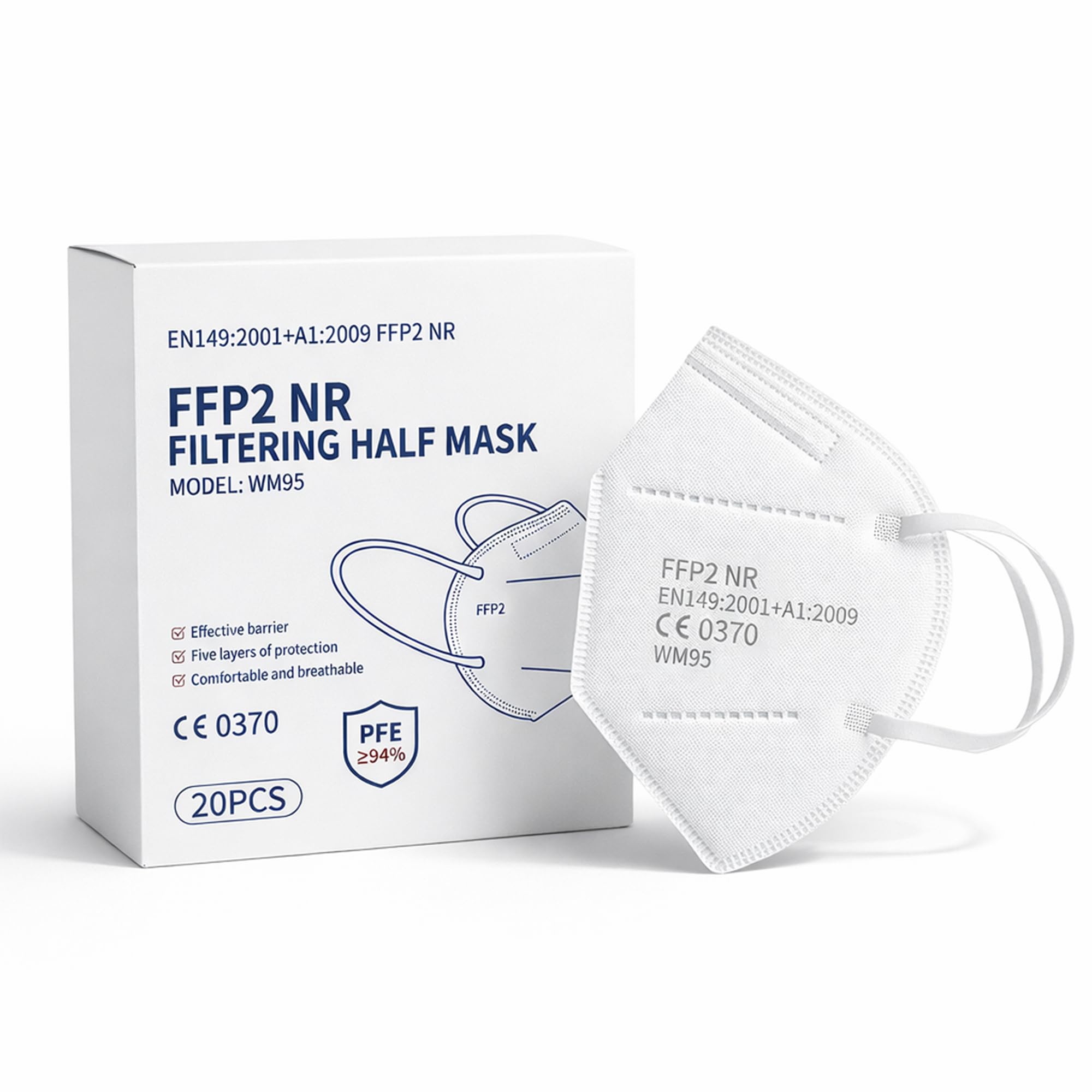 Nationwide Paper FFP2 Face Masks 20 Pack UK – CE Certified 0370, 5 Layer High Filtration Respirator Mask, Individually Wrapped, Breathable WN95 Style Dust Protection Masks for Work & Travel