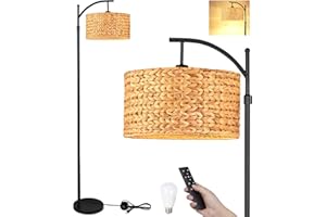 QIYIZM Floor Lamp for Living Room Bedroom Farmhouse Arc Rattan Boho Standing Lamp with Remote Dimmable Black Wicker Bamboo Lamp Shade Floor Light Adjustable Tall Lamp Industrial Floor Lamps Bohemian