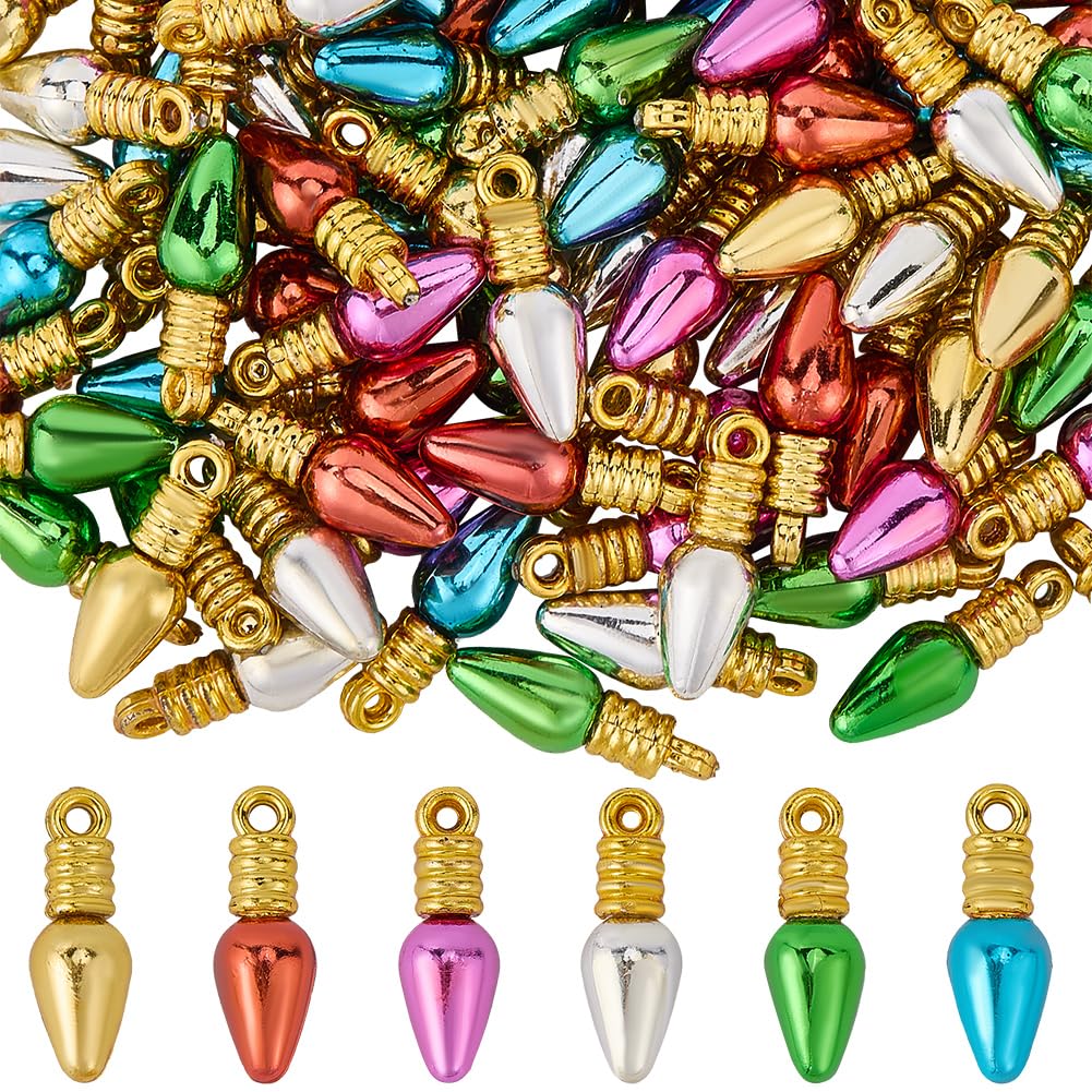 SUNNYCLUE 1 Box 120Pcs 6 Colors Christmas Bulb Bead Light Bulb Beads Bulk Colorful Cute Mini Plastic Bulbs Bead Charm for Jewellery Making Charms DIY Craft Necklace Bracelet Earring Holiday Decoration