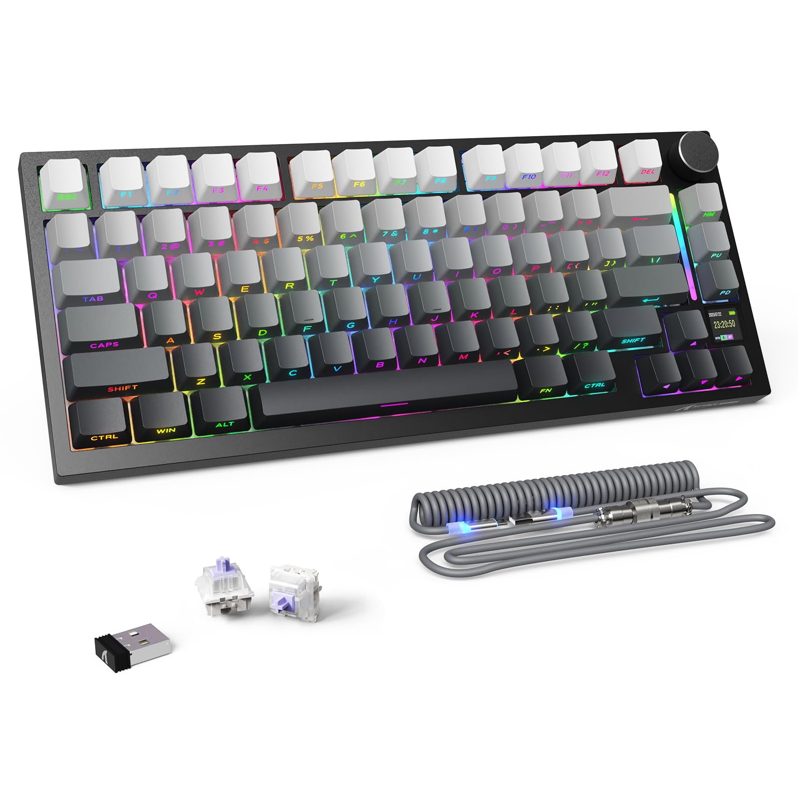 ATTACK SHARK X820 Ultra Wireless Mechanical Keyboard with TFT Smart Display&Knob,75% Bluetooth/2.4GHz/USB-C Wired Gaming Keyboard,Gasket-Mounted Linear Switch with Coiled Cable,for Win/Mac-Moonlit