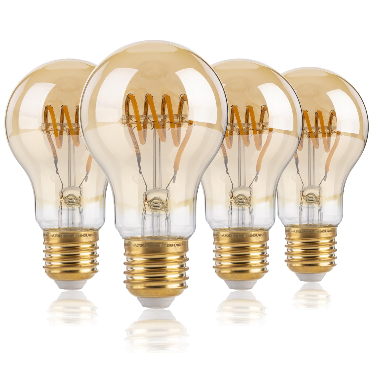 FLSNT Dimmable LED Edison E27 Screw Bulb, A60 Retro LED Spiral Filament E27 Vintage Light Bulbs, 4W (25W Equivalent), 2700K Warm White Decorative Screw in Light Bulb, Amber Glass, Pack of 4