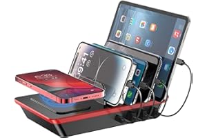 ADOBEYOND Charging Station for Multiple Devices 5 in 1, Multiple USB Charger Station Organizer 3 USB A, 1 USB C Ports, 1 Wireless Charger 15W, Charging Dock, Charger Organizer for Electronics